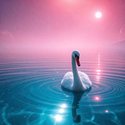 The primary subject of the image is a white swan floating on a body of water. The swan is the main focus of the image, and it appears to be calmly swimming in the water. The setting is a serene environment with a pink sky, which adds a sense of tranquility to the scene. The visual style of the image is a combination of photo and digital art, creating a unique and artistic representation of the swan in the water. The colors and mood of the image are predominantly p